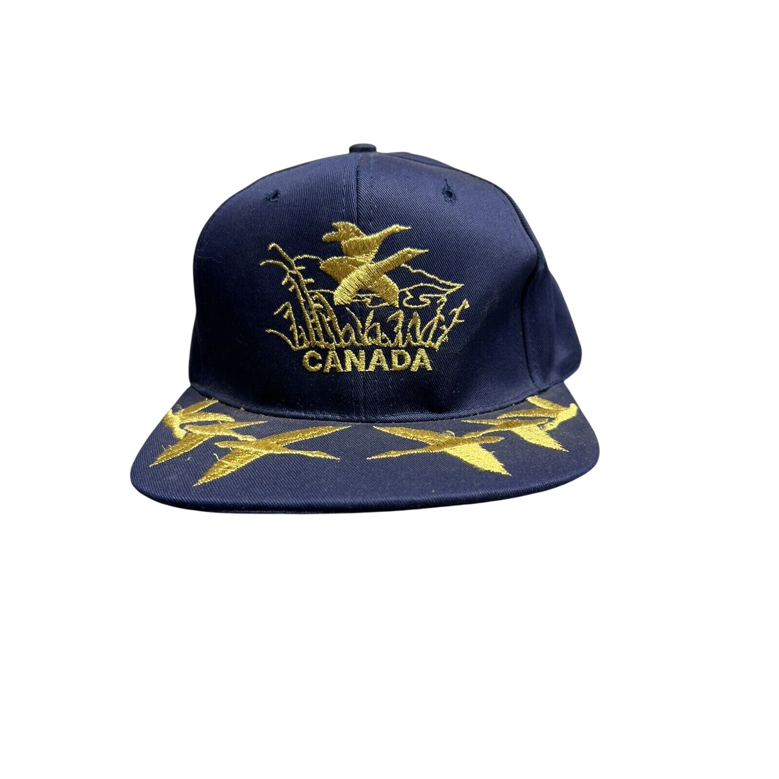 Vintage Embroidered Canada Geese Snap Back Hat Blue Gold Hunting